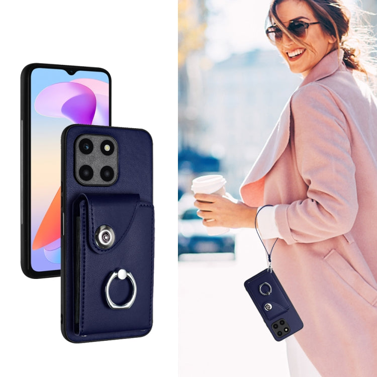 For Honor X6a Global Organ Card Bag Ring Holder PU Phone Case with Lanyard(Blue)