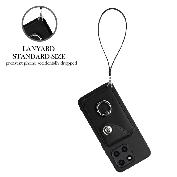 For Honor X6a Global Organ Card Bag Ring Holder PU Phone Case with Lanyard(Black)