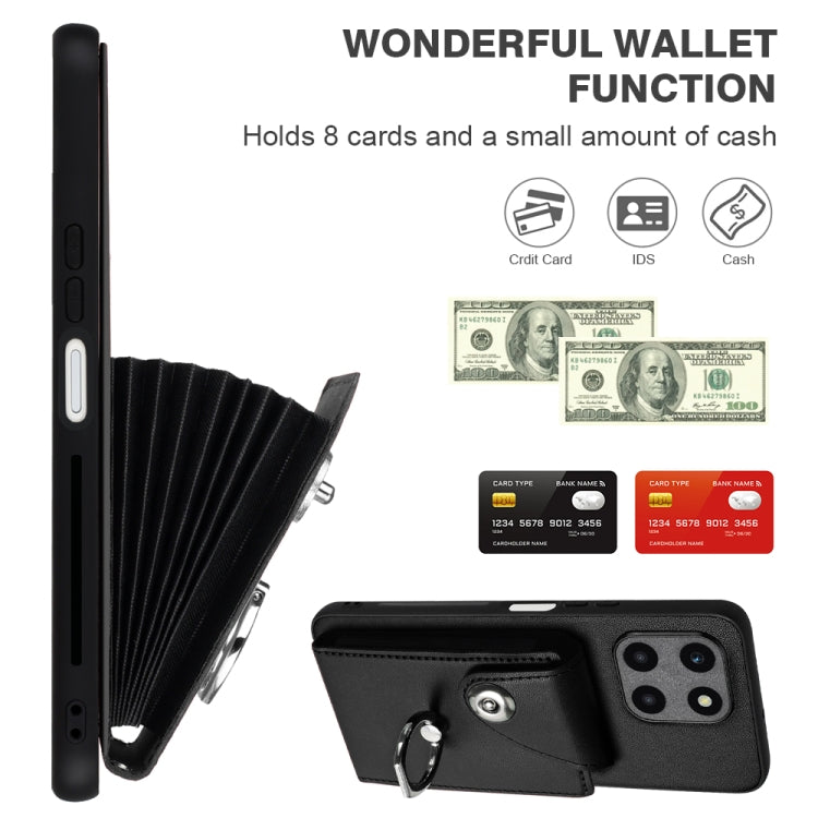 For Honor X6a Global Organ Card Bag Ring Holder PU Phone Case with Lanyard(Black)