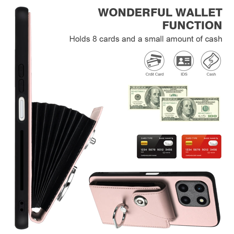 For Honor X6a Global Organ Card Bag Ring Holder PU Phone Case with Lanyard(Pink)