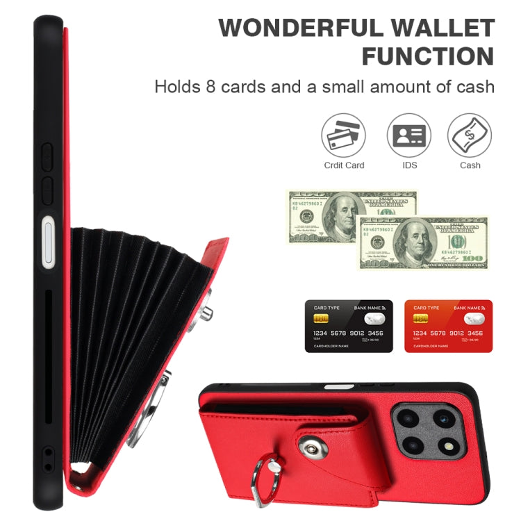 For Honor X6a Global Organ Card Bag Ring Holder PU Phone Case with Lanyard(Red)