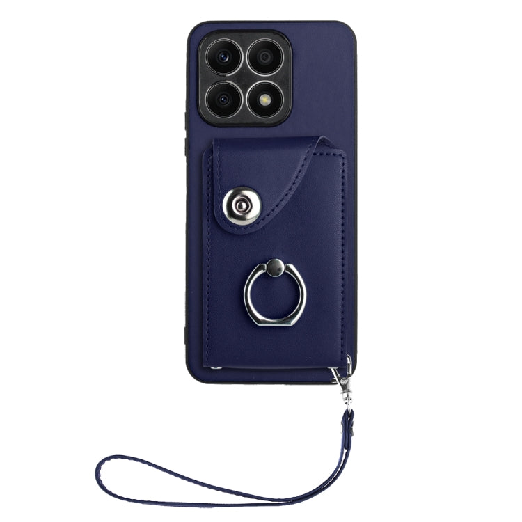 For Honor X8a Organ Card Bag Ring Holder PU Phone Case with Lanyard(Blue)