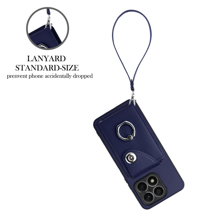 For Honor X8a Organ Card Bag Ring Holder PU Phone Case with Lanyard(Blue)