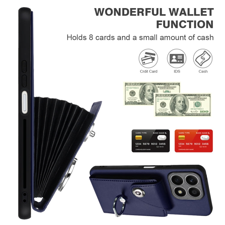 For Honor X8a Organ Card Bag Ring Holder PU Phone Case with Lanyard(Blue)