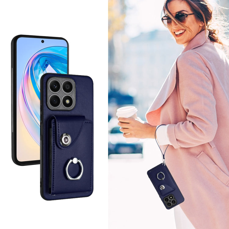 For Honor X8a Organ Card Bag Ring Holder PU Phone Case with Lanyard(Blue)