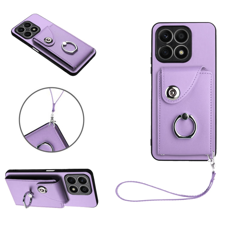 For Honor X8a Organ Card Bag Ring Holder PU Phone Case with Lanyard(Purple)