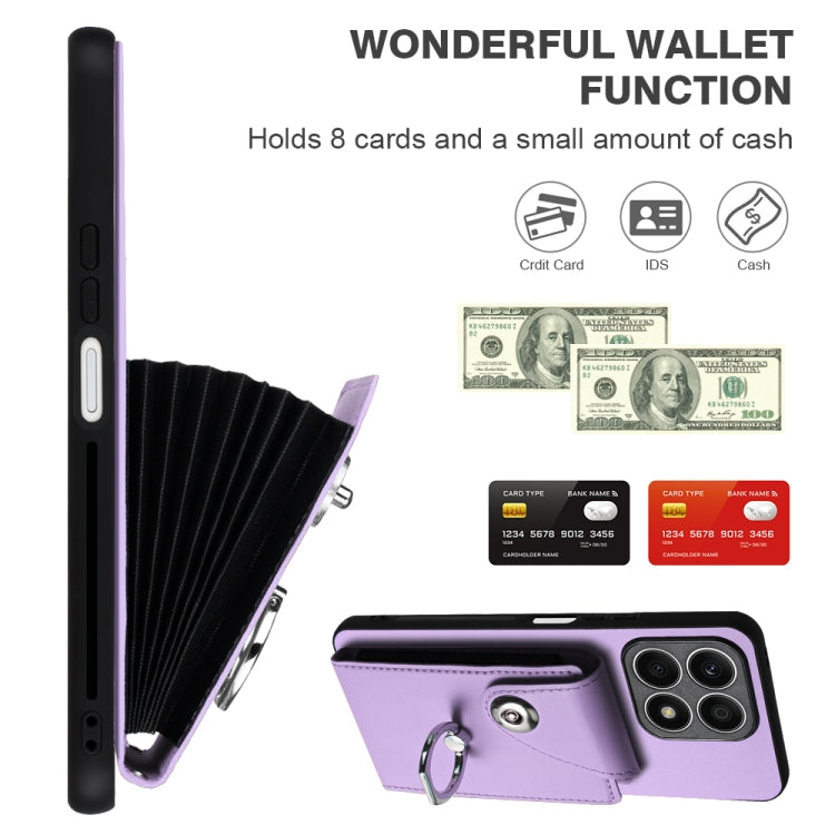 For Honor X8a Organ Card Bag Ring Holder PU Phone Case with Lanyard(Purple)