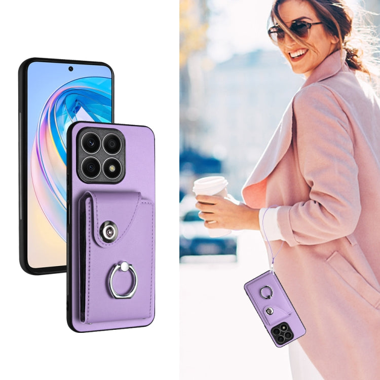 For Honor X8a Organ Card Bag Ring Holder PU Phone Case with Lanyard(Purple)