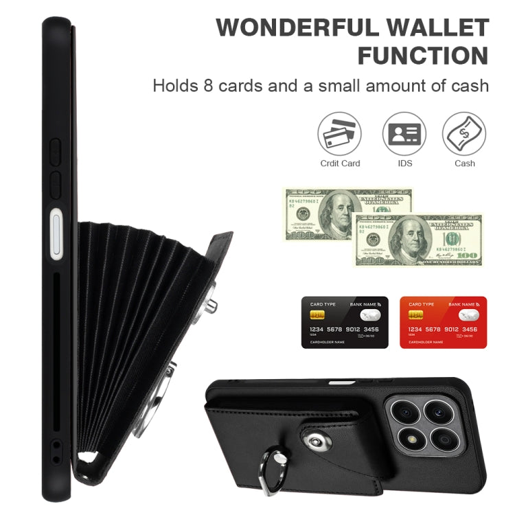 For Honor X8a Organ Card Bag Ring Holder PU Phone Case with Lanyard(Black)