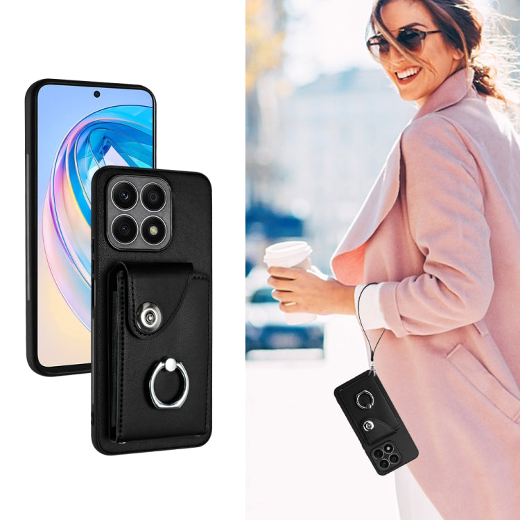 For Honor X8a Organ Card Bag Ring Holder PU Phone Case with Lanyard(Black)