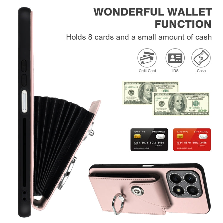For Honor X8a Organ Card Bag Ring Holder PU Phone Case with Lanyard(Pink)