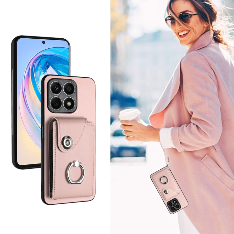 For Honor X8a Organ Card Bag Ring Holder PU Phone Case with Lanyard(Pink)