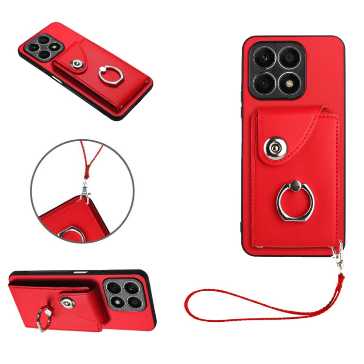 For Honor X8a Organ Card Bag Ring Holder PU Phone Case with Lanyard(Red)