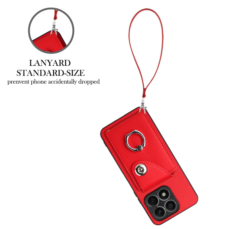For Honor X8a Organ Card Bag Ring Holder PU Phone Case with Lanyard(Red)