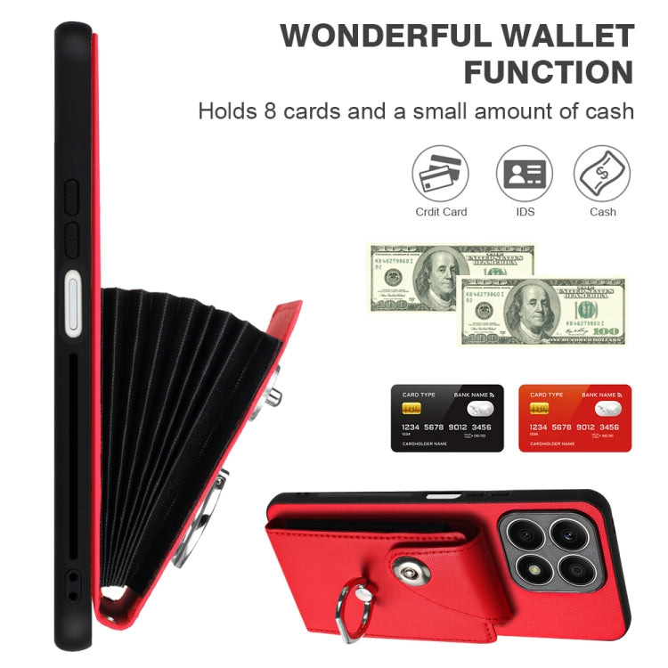 For Honor X8a Organ Card Bag Ring Holder PU Phone Case with Lanyard(Red)