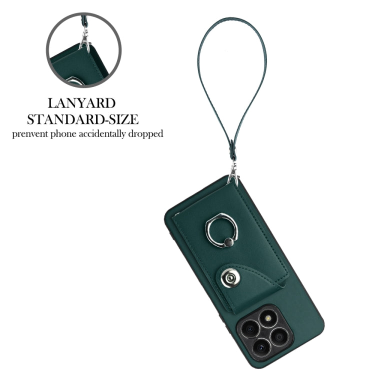 For Honor X8a Organ Card Bag Ring Holder PU Phone Case with Lanyard(Green)