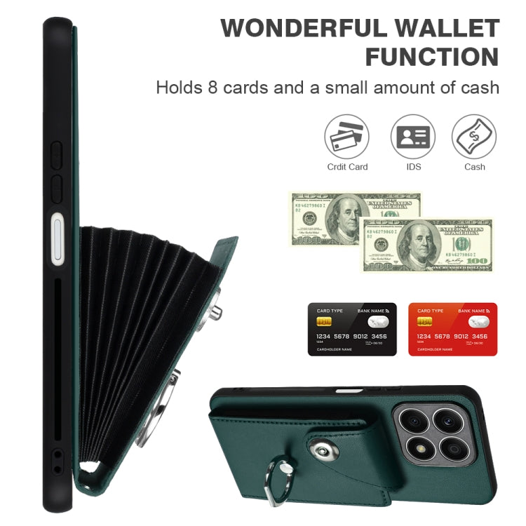 For Honor X8a Organ Card Bag Ring Holder PU Phone Case with Lanyard(Green)