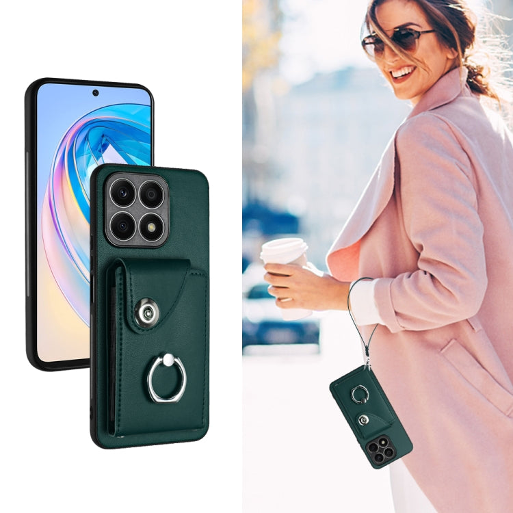 For Honor X8a Organ Card Bag Ring Holder PU Phone Case with Lanyard(Green)