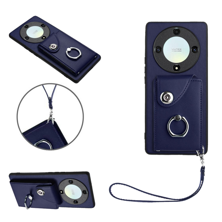 For Honor X9a/Magic5 Lite Organ Card Bag Ring Holder PU Phone Case with Lanyard(Blue)