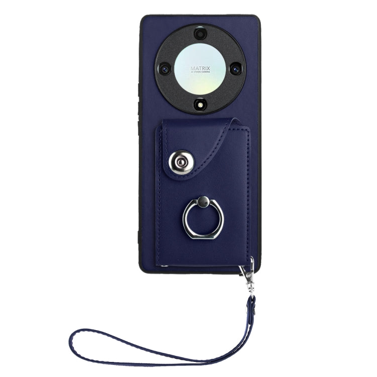 For Honor X9a/Magic5 Lite Organ Card Bag Ring Holder PU Phone Case with Lanyard(Blue)