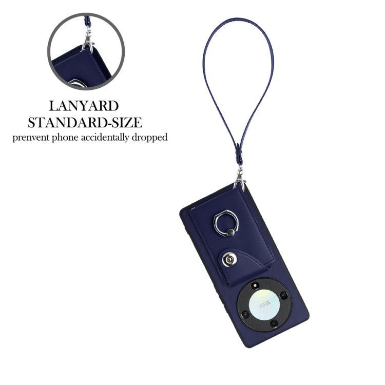 For Honor X9a/Magic5 Lite Organ Card Bag Ring Holder PU Phone Case with Lanyard(Blue)