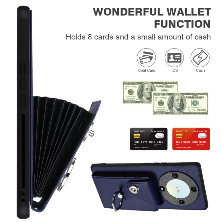 For Honor X9a/Magic5 Lite Organ Card Bag Ring Holder PU Phone Case with Lanyard(Blue)