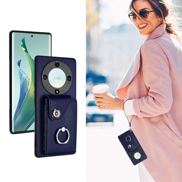 For Honor X9a/Magic5 Lite Organ Card Bag Ring Holder PU Phone Case with Lanyard(Blue)