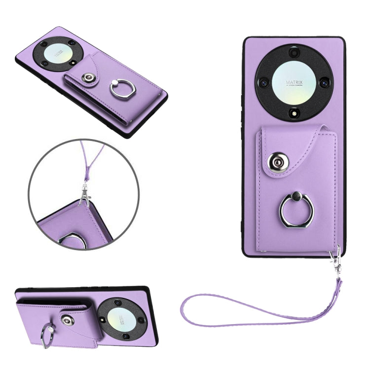 For Honor X9a/Magic5 Lite Organ Card Bag Ring Holder PU Phone Case with Lanyard(Purple)