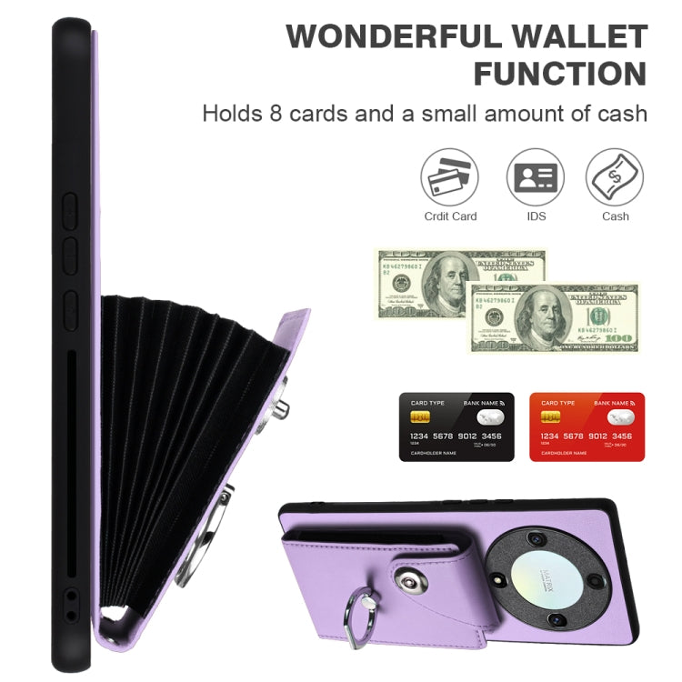 For Honor X9a/Magic5 Lite Organ Card Bag Ring Holder PU Phone Case with Lanyard(Purple)