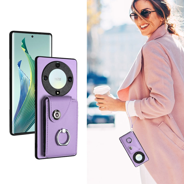 For Honor X9a/Magic5 Lite Organ Card Bag Ring Holder PU Phone Case with Lanyard(Purple)