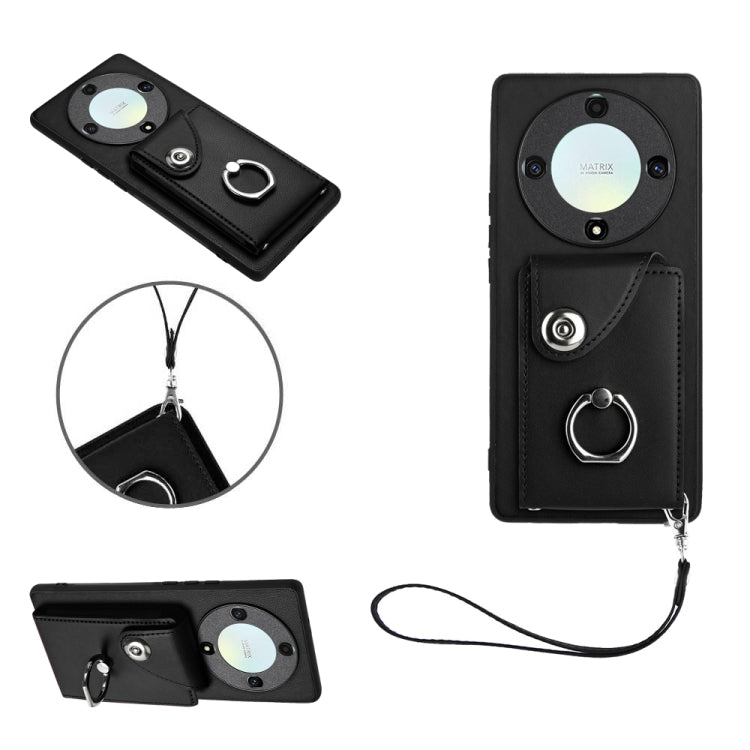 For Honor X9a/Magic5 Lite Organ Card Bag Ring Holder PU Phone Case with Lanyard(Black)