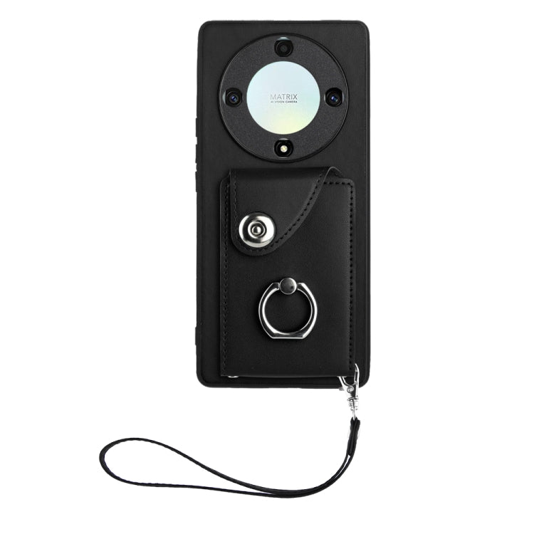 For Honor X9a/Magic5 Lite Organ Card Bag Ring Holder PU Phone Case with Lanyard(Black)