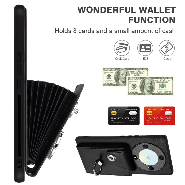 For Honor X9a/Magic5 Lite Organ Card Bag Ring Holder PU Phone Case with Lanyard(Black)