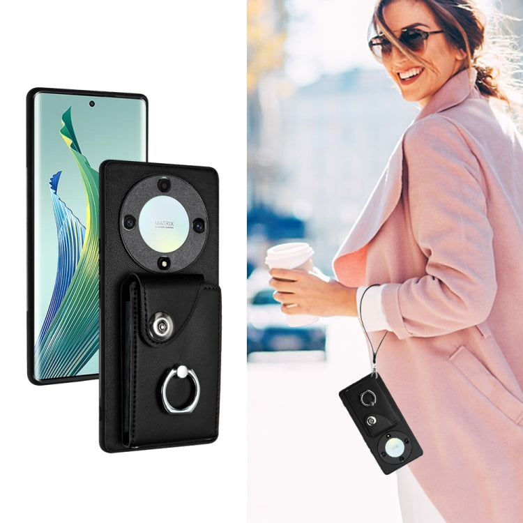 For Honor X9a/Magic5 Lite Organ Card Bag Ring Holder PU Phone Case with Lanyard(Black)