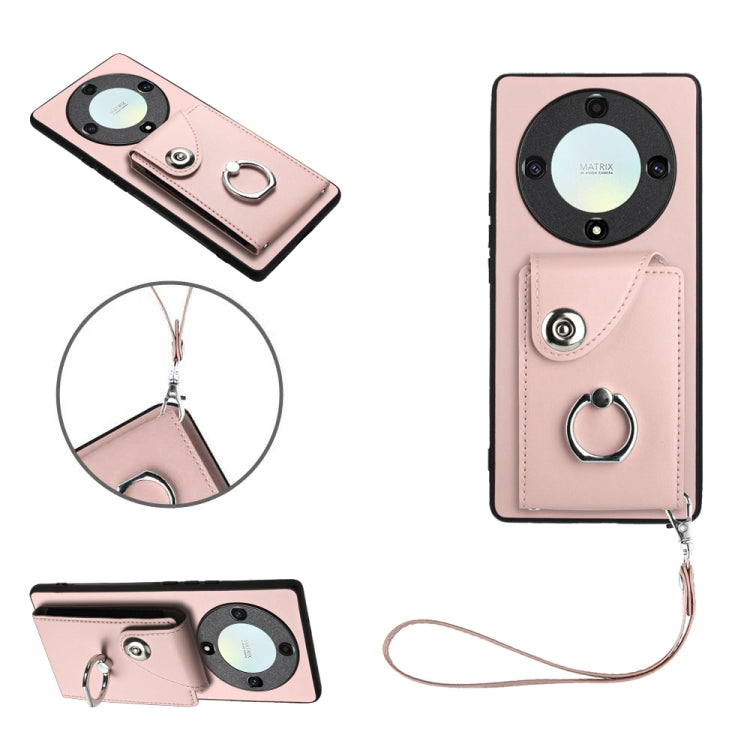 For Honor X9a/Magic5 Lite Organ Card Bag Ring Holder PU Phone Case with Lanyard(Pink)