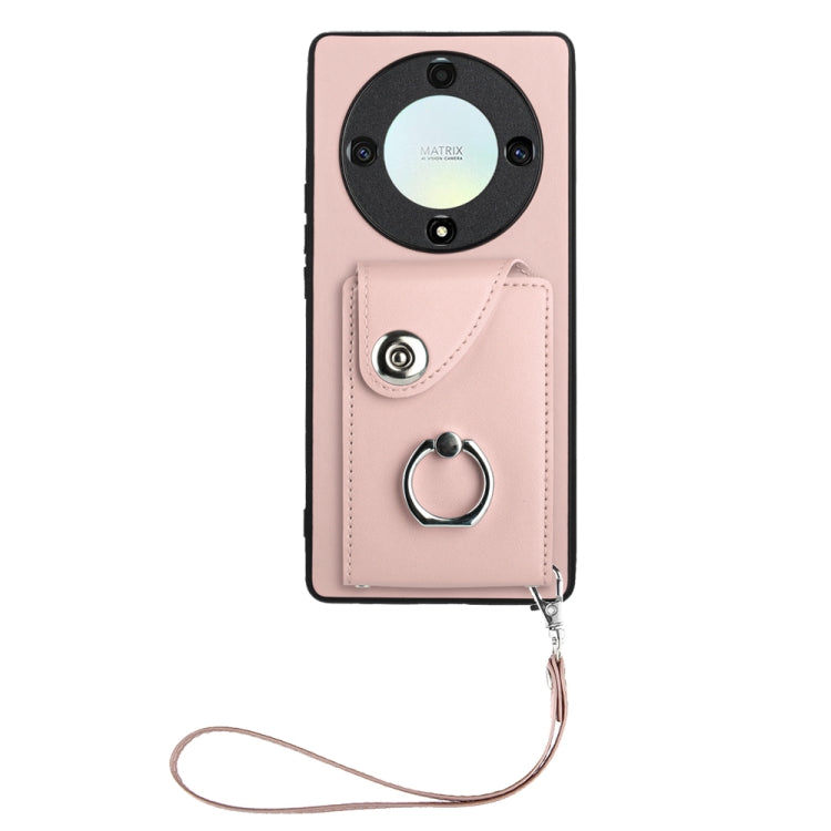 For Honor X9a/Magic5 Lite Organ Card Bag Ring Holder PU Phone Case with Lanyard(Pink)