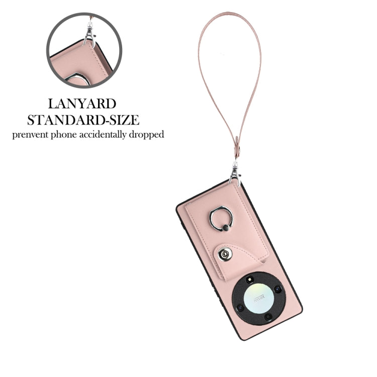 For Honor X9a/Magic5 Lite Organ Card Bag Ring Holder PU Phone Case with Lanyard(Pink)