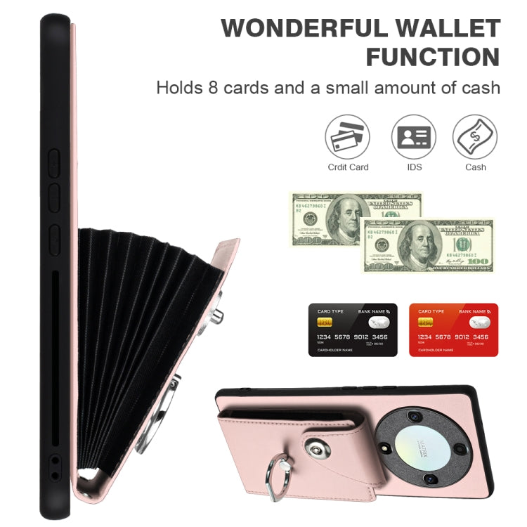 For Honor X9a/Magic5 Lite Organ Card Bag Ring Holder PU Phone Case with Lanyard(Pink)