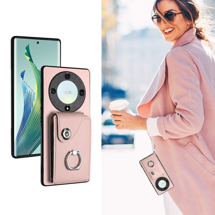 For Honor X9a/Magic5 Lite Organ Card Bag Ring Holder PU Phone Case with Lanyard(Pink)