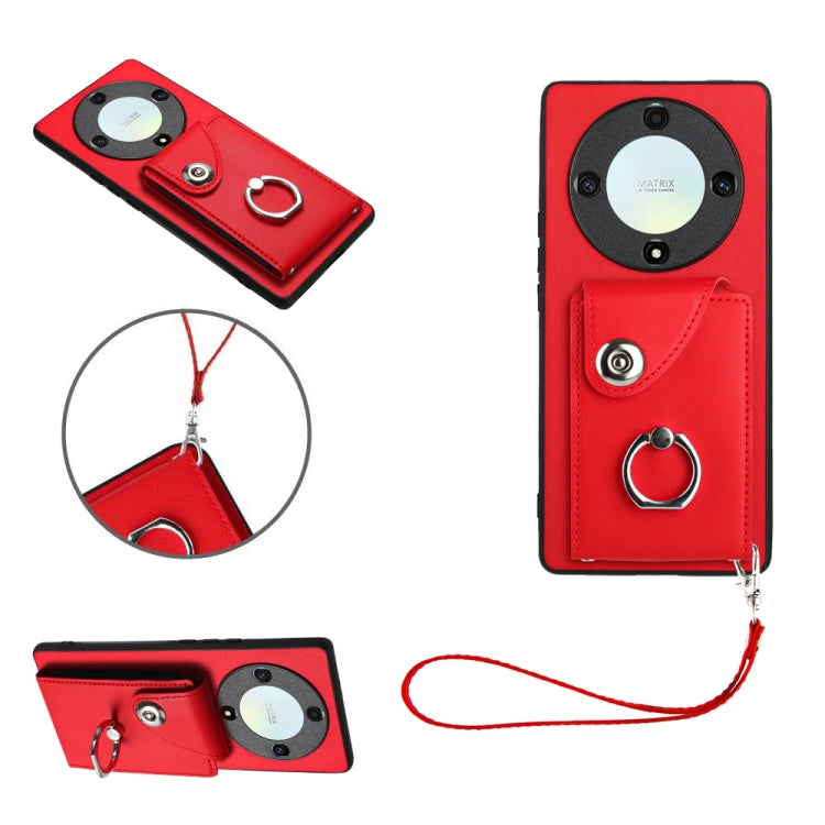 For Honor X9a/Magic5 Lite Organ Card Bag Ring Holder PU Phone Case with Lanyard(Red)