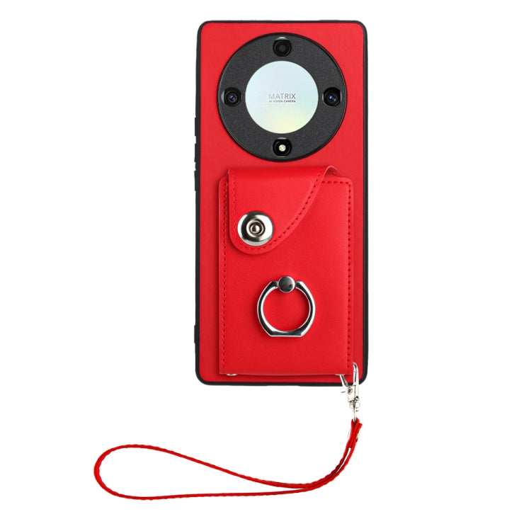 For Honor X9a/Magic5 Lite Organ Card Bag Ring Holder PU Phone Case with Lanyard(Red)