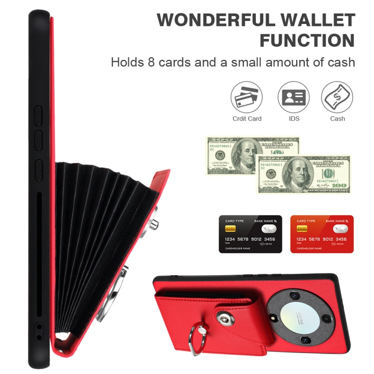 For Honor X9a/Magic5 Lite Organ Card Bag Ring Holder PU Phone Case with Lanyard(Red)