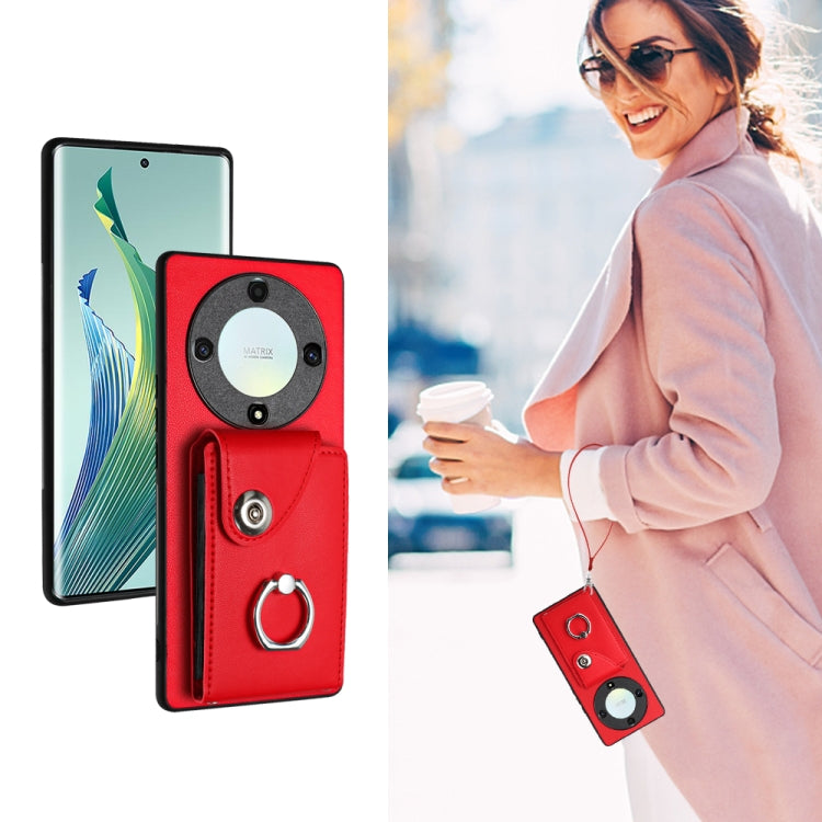 For Honor X9a/Magic5 Lite Organ Card Bag Ring Holder PU Phone Case with Lanyard(Red)