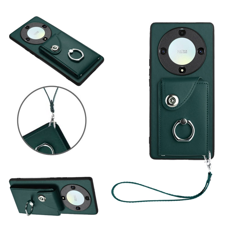 For Honor X9a/Magic5 Lite Organ Card Bag Ring Holder PU Phone Case with Lanyard(Green)