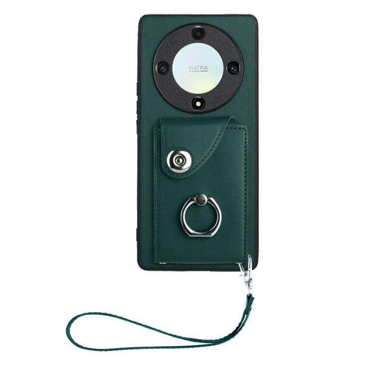 For Honor X9a/Magic5 Lite Organ Card Bag Ring Holder PU Phone Case with Lanyard(Green)