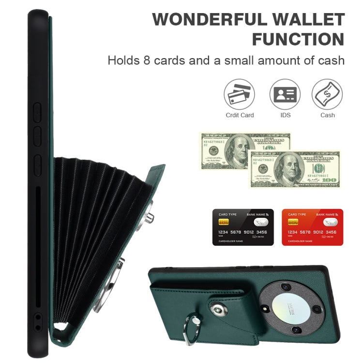 For Honor X9a/Magic5 Lite Organ Card Bag Ring Holder PU Phone Case with Lanyard(Green)