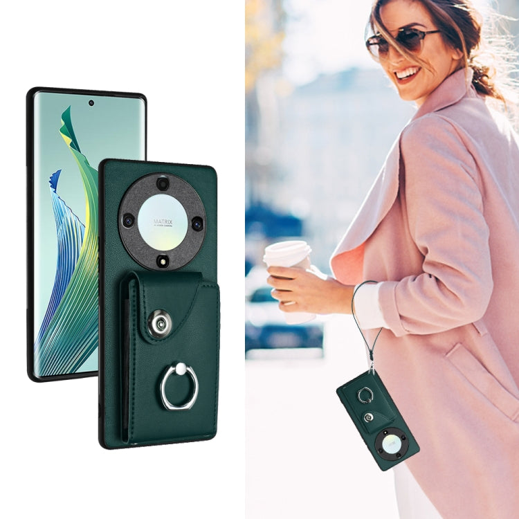 For Honor X9a/Magic5 Lite Organ Card Bag Ring Holder PU Phone Case with Lanyard(Green)