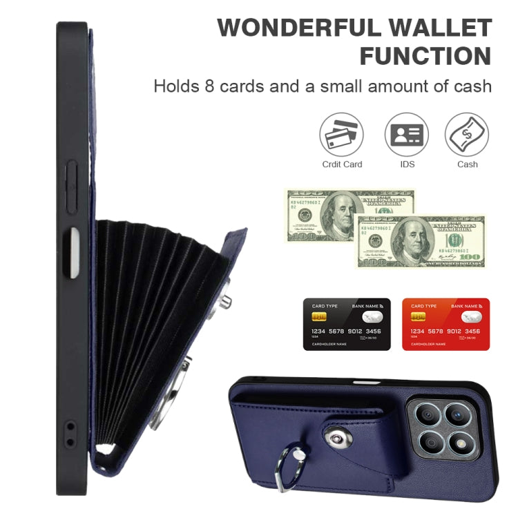 For Honor X8b 4G Global Organ Card Bag Ring Holder PU Phone Case with Lanyard(Blue)