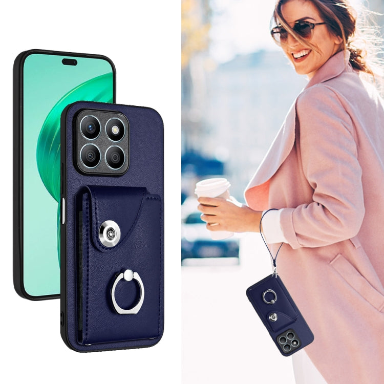 For Honor X8b 4G Global Organ Card Bag Ring Holder PU Phone Case with Lanyard(Blue)