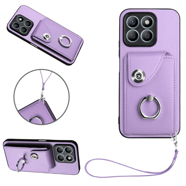 For Honor X8b 4G Global Organ Card Bag Ring Holder PU Phone Case with Lanyard(Purple)